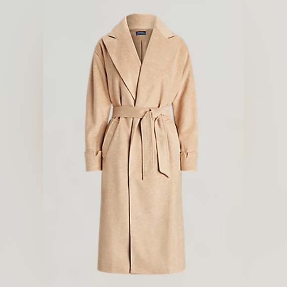 NWOT POLO Ralph Lauren Women Sz16 Wool Blend Camel Belted Open Front Trench Coat - Picture 1 of 16